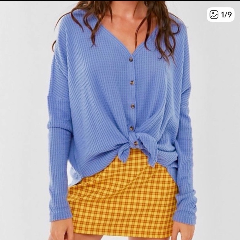 Urban Outfitters Blue Button-Up Waffle Knit Top